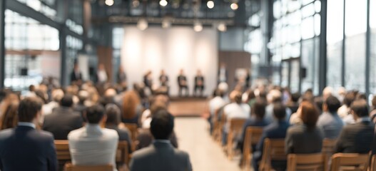 Business experts give presentation to audience in modern conference hall. Attendees listen attentively to speakers on stage. Blurred background suggests large room with windows urban view. Likely