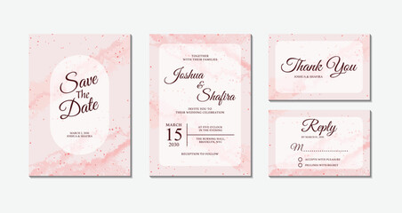 Set of pink marble texture wedding invitation cards with save the date, thank you, and rsvp reply templates