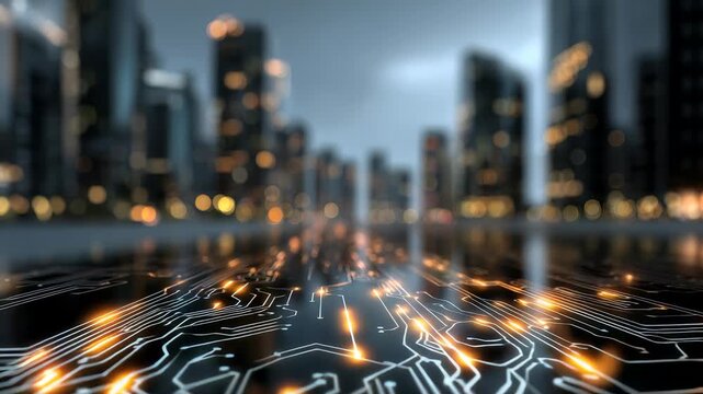 Futuristic city skyline with glowing circuit board foreground, symbolizing advanced technology and digital innovation. Modern urban landscape blends seamlessly with electronic elements - Powered by Adobe