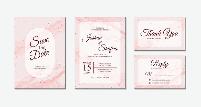 Set of pink marble texture wedding invitation cards with save the date, thank you, and rsvp reply templates