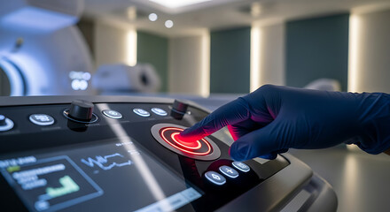 Gloved hand operating advanced medical imaging scanner control panel with glowing button in hospital setting