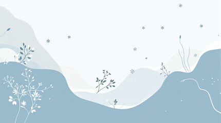 Abstract landscape illustration with stylized hills, plants, and snowflakes in a muted blue and white color palette.