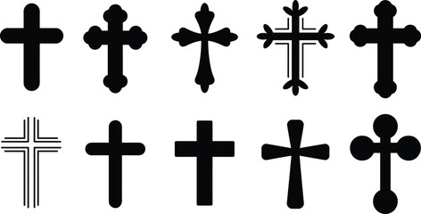 Christian cross cartoon illustration set, religious symbol vector icons, ornate and modern cross designs, faith and spirituality artwork,