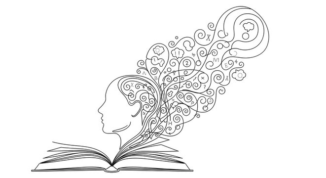 Creative Book Illustration with Woman's Silhouette and Abstract Thought Bubbles