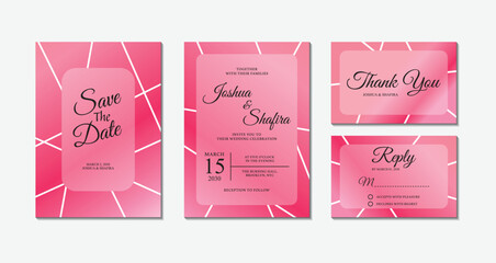 Set of pink geometric polygon wedding invitation cards with save the date, thank you, and rsvp reply templates