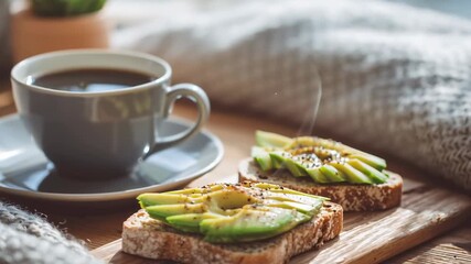 breakfast scene with avocado toast and coffee, bright natural morning light