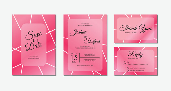 Set of pink geometric polygon wedding invitation cards with save the date, thank you, and rsvp reply templates