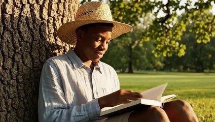 national hat day young man reading book enjoying nature