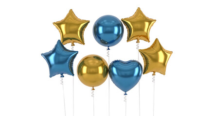 Group of shiny gold and blue balloons in star heart and sphere shapes image