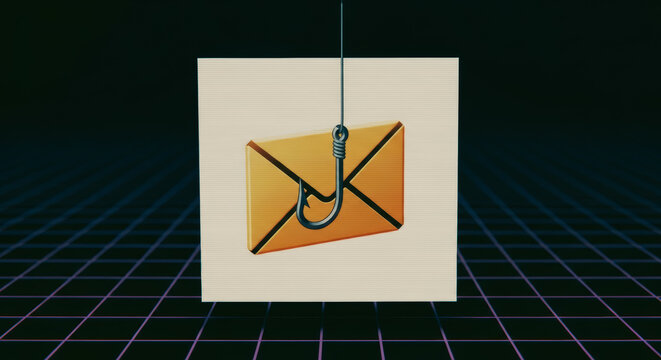 A visual representation of online phishing or scam, featuring a hooked envelope, with digital grid background. A concise metaphor for digital safety.