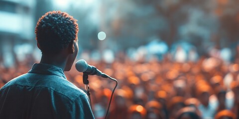Side view of public speaker giving talk in front of public. People blurred in background. High quality