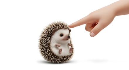 Cute Small Hedgehog with a Human Hand Touching Its Nose on White Background