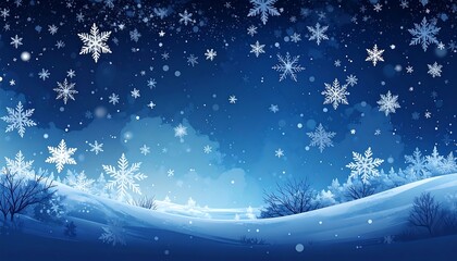 A serene wintry scene under a starlit night. Fluffy snowflakes gently fall above snow-covered hills with silhouetted trees