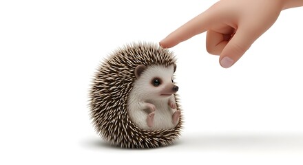 Cute Small Hedgehog with Baby Hedgehog and Human Finger Touching in White Background