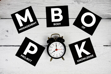 PMBOK Project Management Body of Knowledge with alarm clock on wooden background
