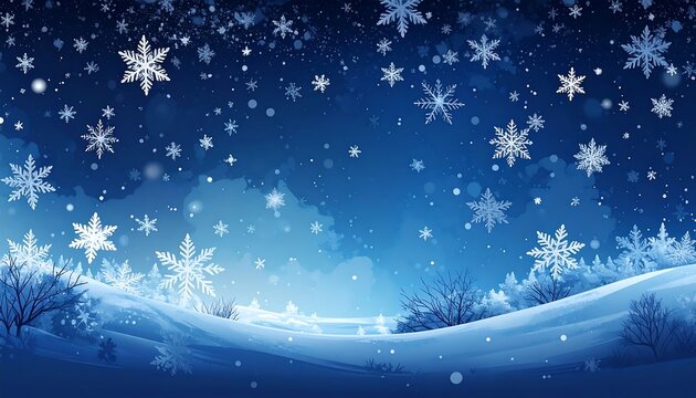 A serene wintry scene under a starlit night. Fluffy snowflakes gently fall above snow-covered hills with silhouetted trees