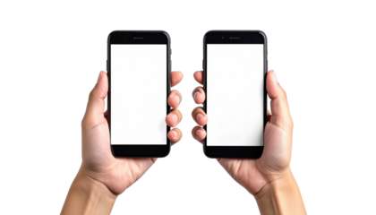 Two hands hold black smartphones, both with blank white screens, against a dark, blurred background