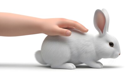 Cute White Rabbit with Human Hand Patting Animal on White Background