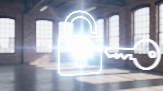 Digital Security Unlock Solution Glowing Padlock and Key Icon in Modern Industrial Loft Space Representing Data Protection Access and Privacy Concepts