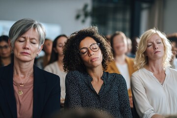 tired multicultural businesswomen sitting on chairs during seminar. High quality