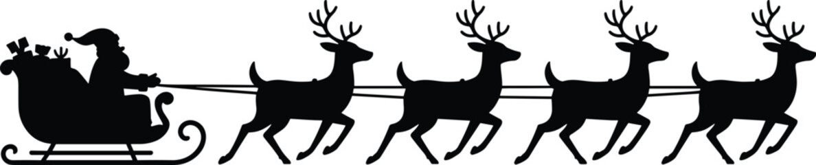 Santa Claus sleigh silhouette, flying reindeer Christmas scene, festive holiday illustration, gift delivery concept, perfect for cards, decor, seasonal clipart, winter design