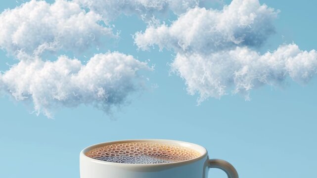 coffee cup with floating clouds inside, dreamy surreal minimal stock style