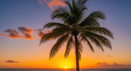 A vibrant sunset over the ocean with a lone palm tree silhouetted against the sky.