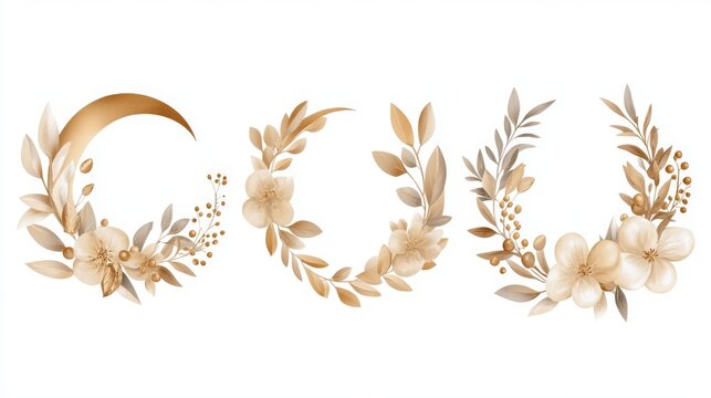 4.A set of circular and crescent-shaped vintage wreaths composed of detailed botanical elementsâ€”lush greenery, delicate flowers, and golden berriesâ€”crafted in a luxurious metallic foil print for