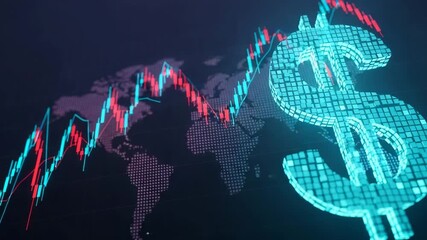 Digital us dollar sign stock market candlestick chart overlayed on a world map background - Powered by Adobe