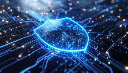 Digital Shield: An illuminated shield representing data protection, integrated into a computer circuit, symbolizing cybersecurity and secure data flow.