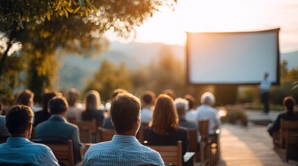 Business people at an outdoor retreat, participating in a workshop with a portable projector screen set against natural backdrops, Leadership, Conference Event, blurred background,. High quality