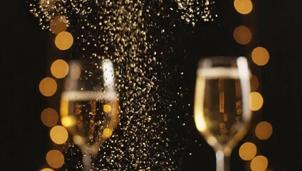Champagne cork popping with golden glitter and bokeh lights. - Powered by Adobe
