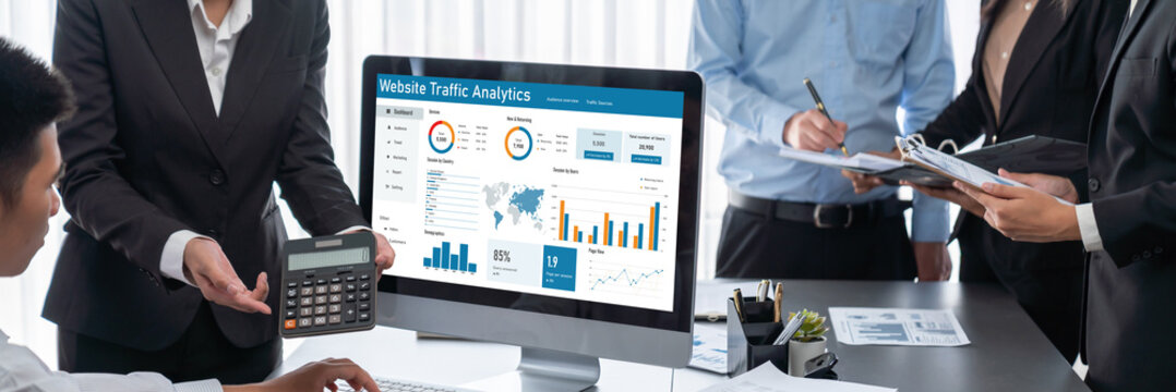 Computer software for website traffic analytics data on computer screen. Concept of SEO search engine optimization and customer targeting for online business brisk - Powered by Adobe