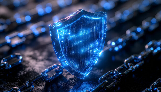 Digital Shield: A futuristic digital shield glows with blue light, representing protection and data security, surrounded by a chain symbolizing the interconnectedness of a digital world. 