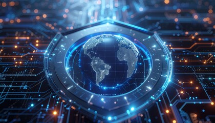 Cyber Security Shield: The Earth is safeguarded by a glowing, intricate digital shield that signifies global protection and security. The image evokes a feeling of trust in technology.