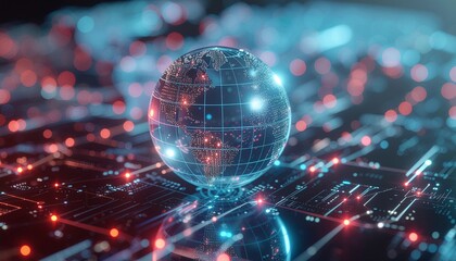 Digital Earth: A mesmerizing orb of the Earth, intricately rendered within a network, signifies the ever-evolving advancements of the global digital era and how it connects countries together.