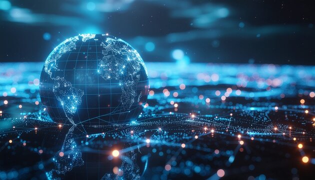 Global Network of Information: The mesmerizing image captures a luminous digital globe at the core of a complex network, illuminating the vast interconnectedness of the modern digital world. 