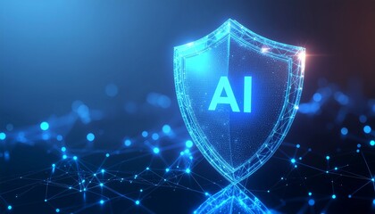 AI Shield of Security: The image depicts a futuristic concept of security, where an AI shield embodies the protective power of artificial intelligence. It symbolizes cyber defense, data protection.