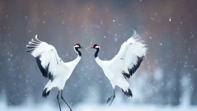 Graceful dance of red-crowned cranes in snowy embrace a symbol of winter harmony and elegance