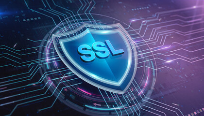 SSL Shield of Security: The image presents a digital shield, emblazoned with SSL, symbolizing robust cybersecurity and secure online transactions, safeguarding data within a network.