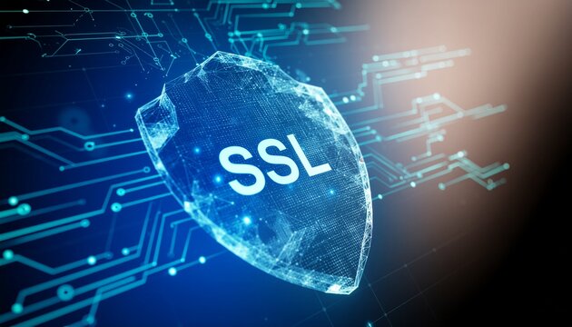 SSL Security Shield: A digital shield illuminated with the letters SSL overlaid atop intricate circuit patterns, symbolizing robust security protocols.