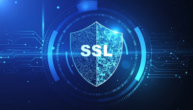 Digital Shield: A visual representation of digital security and data protection, featuring a shield and SSL, symbolizing safe browsing and secure online transactions, enveloped in a futuristic.
