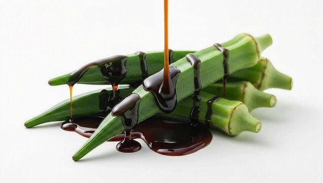 Fresh okra being drizzled with a savory sauce, highlighting the texture and color of the ingredients