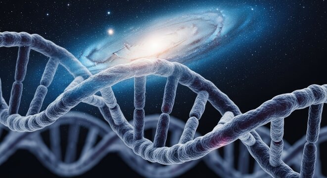 DNA strands against a cosmic background.