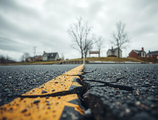 Cracked Asphalt Road with Yellow Line