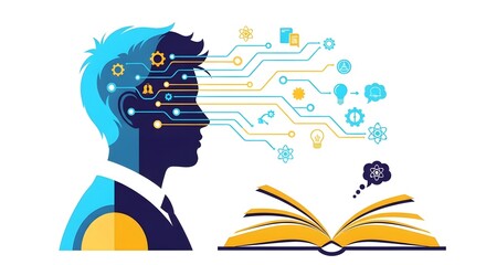 Digital Illustration of a Male Scientist or Innovator with Brain and Knowledge Flow Emerging From an Open Book