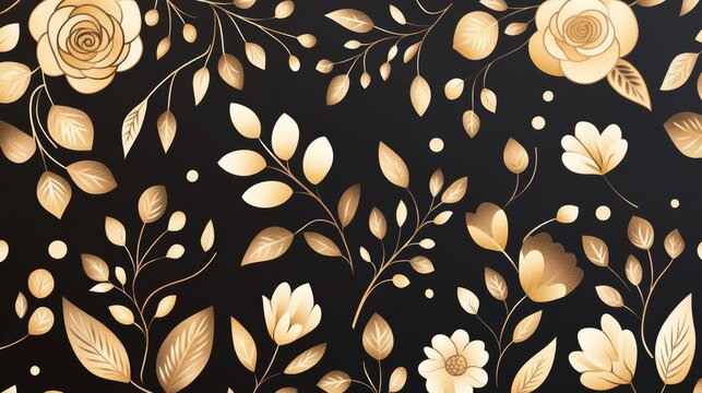 44.Elegant seamless floral pattern featuring hand-drawn golden roses and peonies on a rich black background, intricate metallic detailing creating a luxurious and sophisticated design for invitations