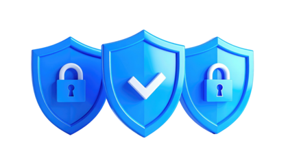 3D rendering Three blue shields with symbols of locks and a checkmark, isolated on a black background, conveys security
