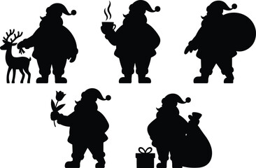 Santa Claus silhouette illustration, festive poses with reindeer, cup, flower, sack, gift box, perfect for Christmas clipart, holiday decor, seasonal vector, character art