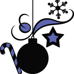 Stylized holiday ornament illustration, black and blue festive design, candy cane, snowflake, swirl, star elements, perfect for Christmas decor, cards, seasonal clipart